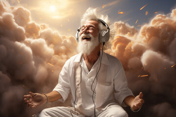 Cheerful yoga middle age man in white dress with headphones smiling and jumping while listening to music against light heaven background, dream-like quality, photorealistic fantasies, AI Generative