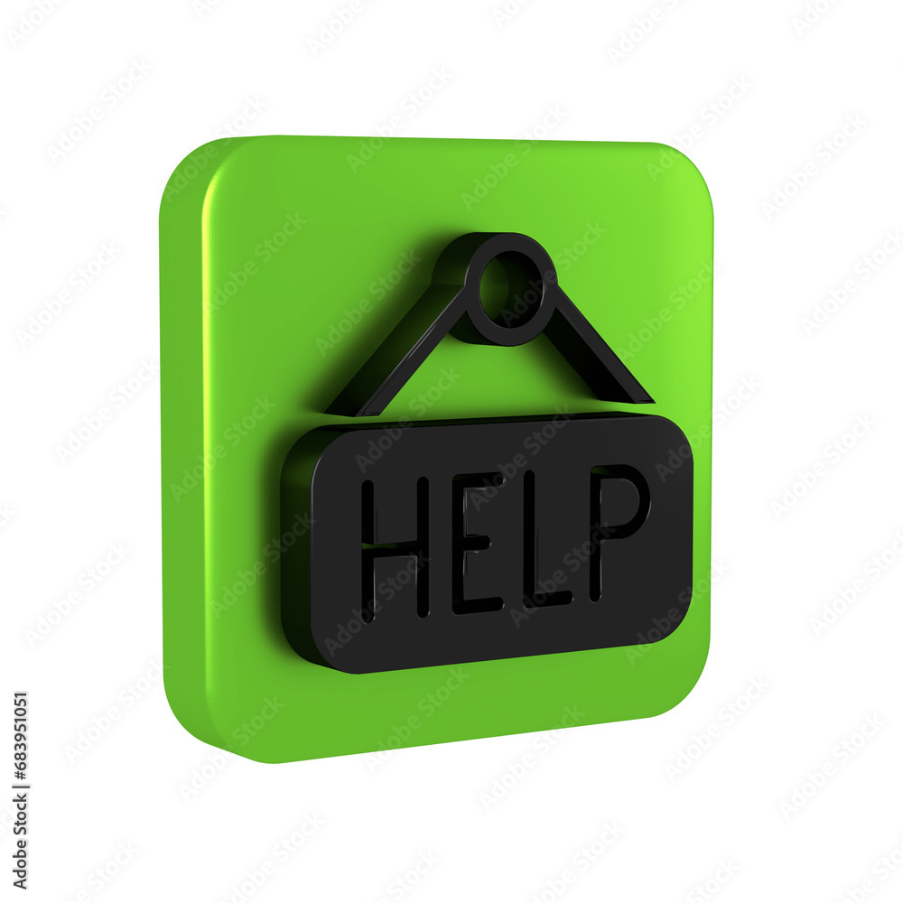 Aufkleber black signboard with text help icon isolated on transparent background. green square button.