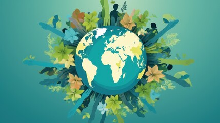 Naklejka premium a picture of the earth surrounded by flowers and leaves on a green background with a blue sky in the background.