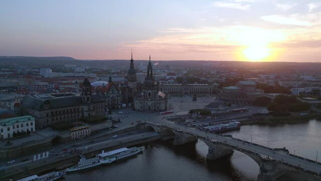 Stunning aerial top view flight drone Sunset town Dresden Cathedral Bridge River