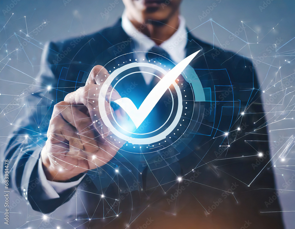Poster check mark symbol represents the standard quality control. businessman writing virtual glowing corre