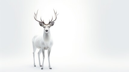  a white deer with large antlers standing on a white background with copy - space in the middle of the image.