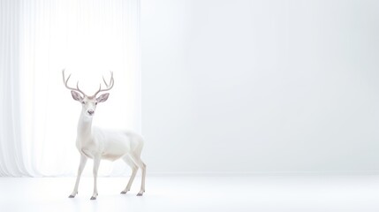 a white stag standing in front of a window in a white room with white drapes on the windowsill.