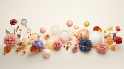  a group of flowers and balloons floating in the air on a white background with a white wall in the background.