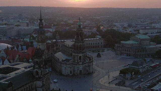 Dramatic aerial top view flight drone Sunset town Dresden Cathedral Bridge River