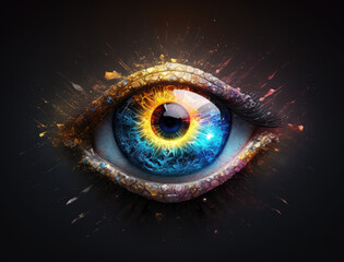 Close up of female eye with colorful iris. Human Eye under neon light. Female eye with paint splashes on black background. Eye illustration