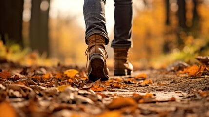  a person walking down a leaf covered path in a forest with yellow leaves on the ground and trees in the background.