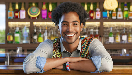 happy african man at the bar looking at camera and smiling while leaning on the bar counter in cafe