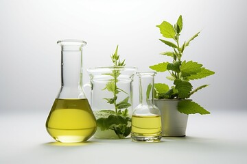 Natural Organic herbal medicine with scientific glassware against a light gray setting