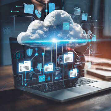 Internet cloud computing technology and online data storage for transferring backup file. Document Management System (DMS) with FTP (File Transfer Protocol) for information technology banner