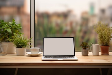 Sleek laptop mockup on a minimalist Modern tabletop living room 