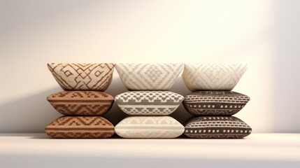  a group of vases sitting on top of each other on a white surface with a white wall in the background.