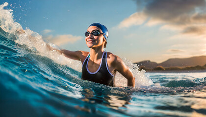 Professional woman swimmer on a wave