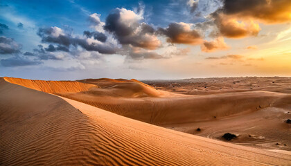 Sand dunes at sunset in the Wahiba Sands desert with clouds in the sky, Oman, Middle East - Powered by Adobe