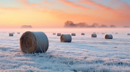  a frosty field with hay bales in the foreground and a setting sun in the sky in the background.
