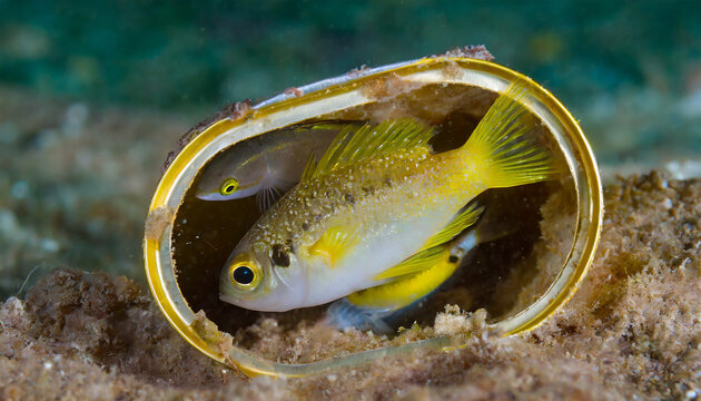 Shorthead fangblenny (Petroscrites breviceps) living in a discarded tin-can, with a pair of pygmy lemon gobies (Lubricogobius exiguus)