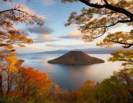 View of Lake Toya, framed by autumn trees in the evening, and volcanic island in the middle of the lake, Abuta, Hokkaido, Japan