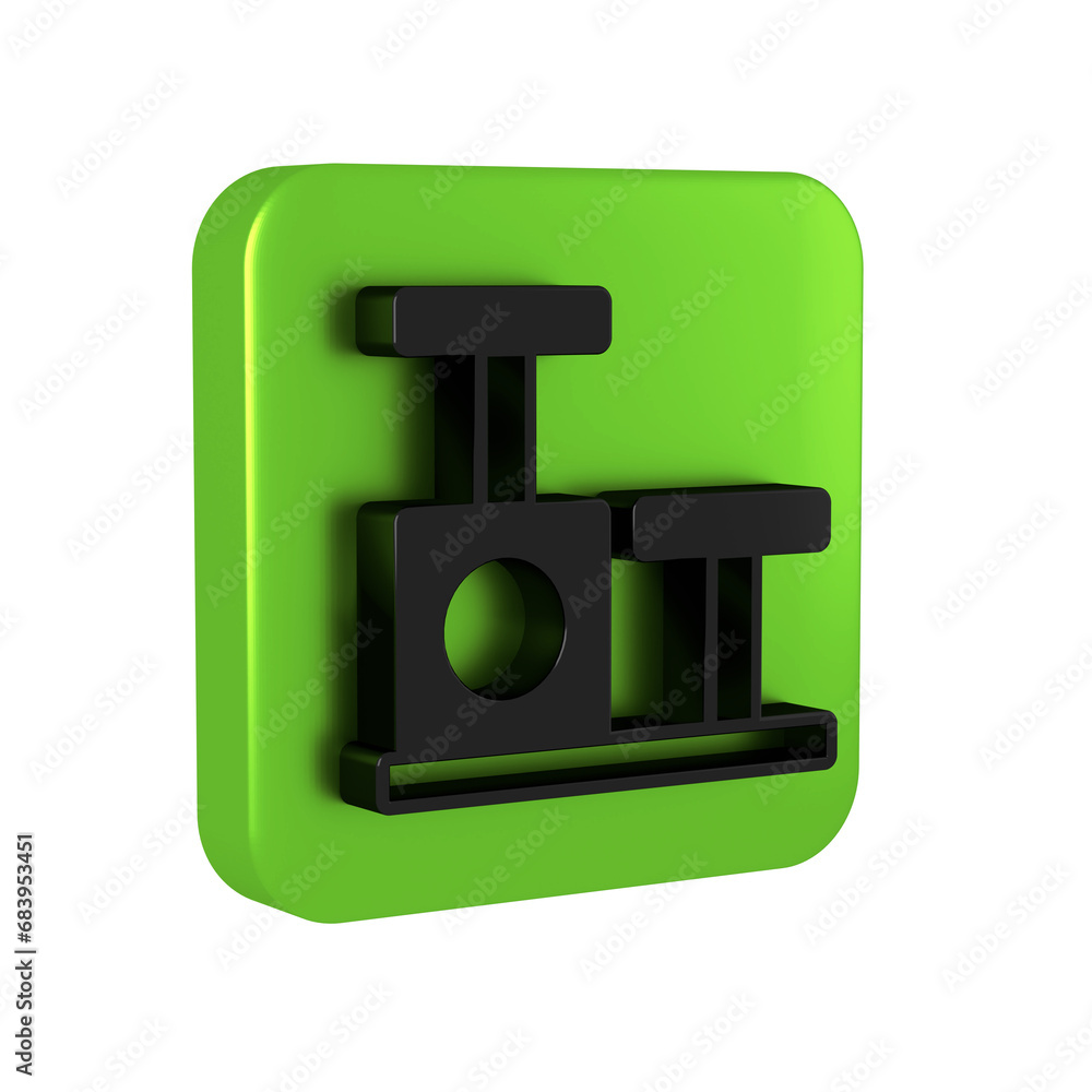 Poster black cat scratching post with toy icon isolated on transparent background. green square button.