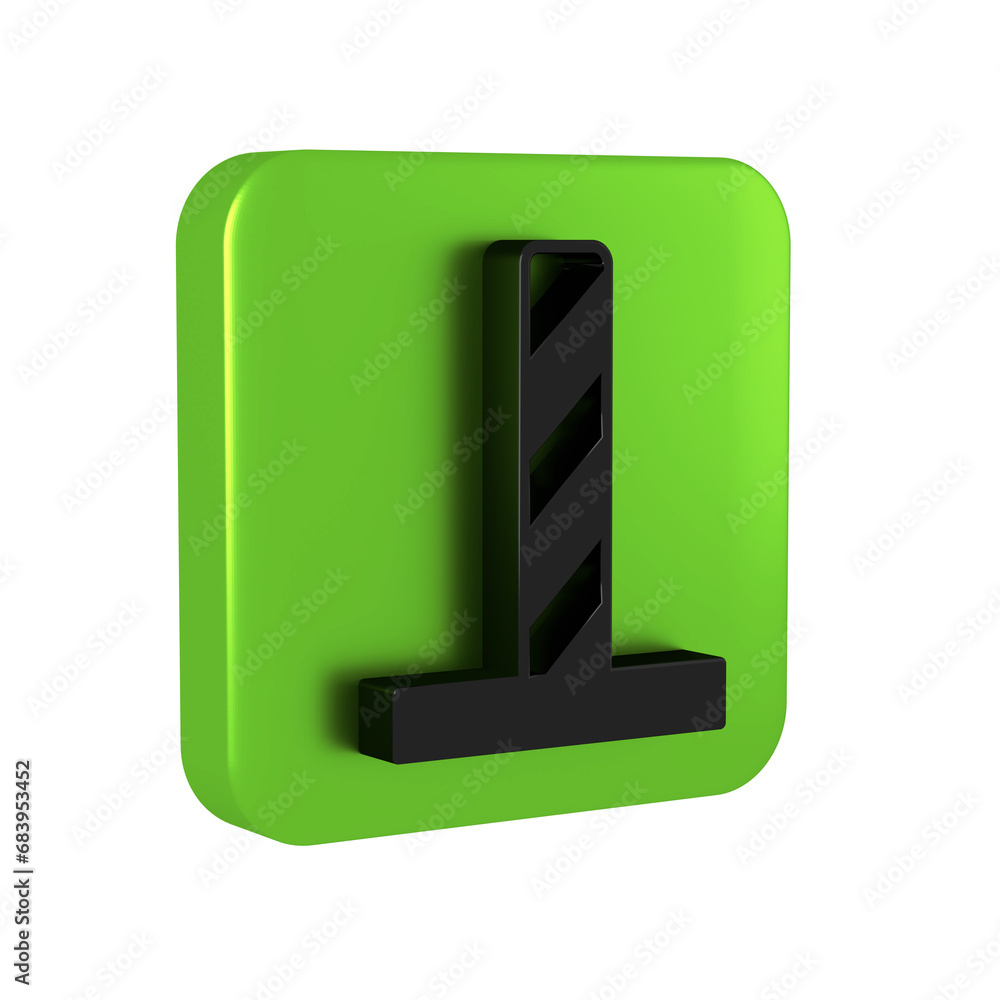 Poster black cat scratching post with toy icon isolated on transparent background. green square button.