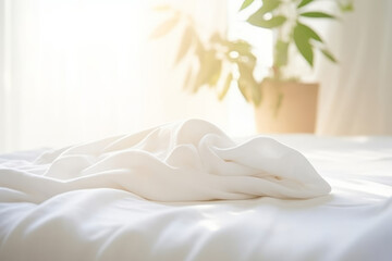 Bed with crumpled bed sheet, a blanket and pillows after waking up in the morning. Generative AI