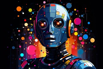 Colorful graphic poster of a robot and artificial intelligence on a black background