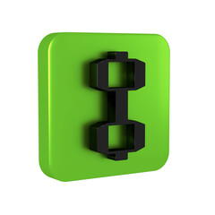 Black Dumbbell icon isolated on transparent background. Muscle lifting, fitness barbell, sports equipment. Green square button.