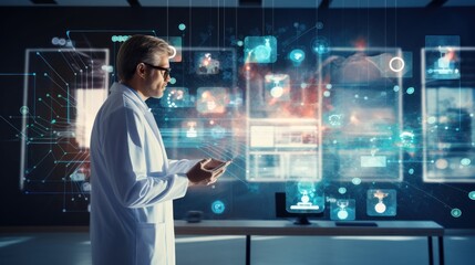  a man in a lab coat standing in front of a computer screen with a lot of digital images on it.