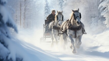  two horses pulling a man in a sleigh through a snow - covered forest on a sleigh.