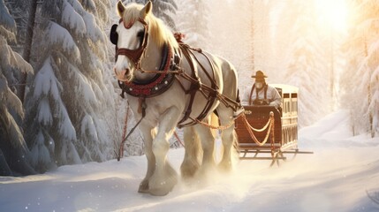  a white horse pulling a sleigh through a snow covered forest with a person on a sleigh. - obrazy, fototapety, plakaty