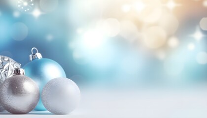 Christmas light blue lights background with out of focus golden garland on blue surface. Holiday illumination and decoration. Bokeh lights.