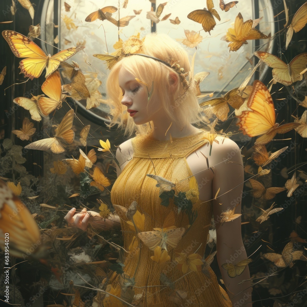 Poster a woman in a yellow dress standing in front of a mirror with yellow butterflies surrounding her and 