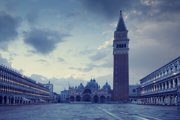 Panorama of Piazza San Marco in Venice at night, Italy
