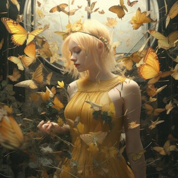  a woman in a yellow dress standing in front of a mirror with yellow butterflies surrounding her and a clock in the background.