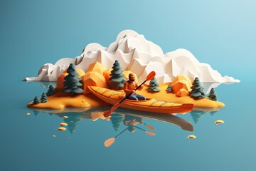 3d cartoon illustration of a person kayaking - obrazy, fototapety, plakaty