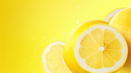  a close up of a sliced lemon on a yellow background with water splashing on the top of the lemon.