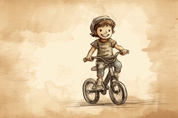 Vintage drawing of a kid riding a bicycle