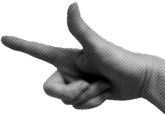 Pointing hand. Retro halftone. Modern collage. Gesture. Pop art dotted style. Hand with index finger with halftone texture. Trendy vintage newspaper parts. Paper cutout element. Y2K style  - obrazy, fototapety, plakaty