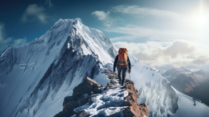 A Person Climbing a Snowcapped Mountain in the Winter - obrazy, fototapety, plakaty