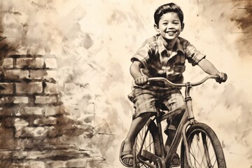 Obraz premium Vintage drawing of a kid riding a bicycle