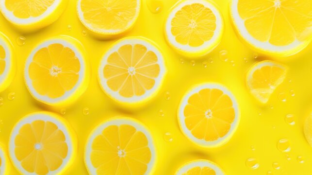  a group of sliced lemons sitting on top of a yellow surface with drops of water on the top of them.