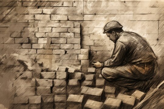 Vintage sketch of a laborer working to construct a wall or house by laying bricks