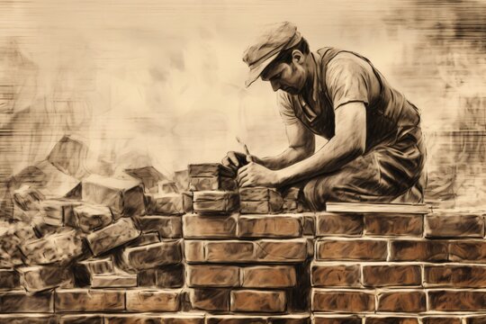 Vintage sketch of a laborer working to construct a wall or house by laying bricks