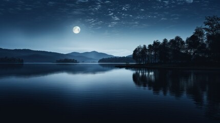  a large body of water with trees on the shore and a full moon in the sky above the mountain range.