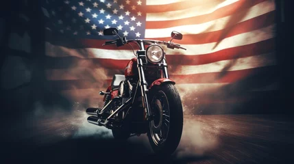 Fotobehang Patriotic Vintage Motorcycle Carrying A Classic American Flag © Sandris_ua