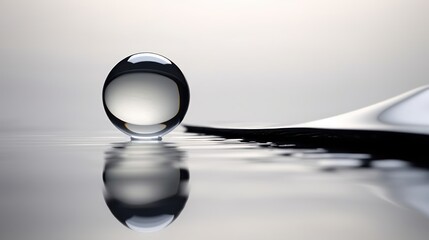  a close up of a water drop on a surface with a white and black object in the middle of it.