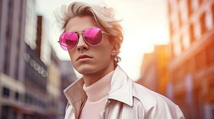 Young man Wearing Pink Sunglasses, Looking Stylish in the City