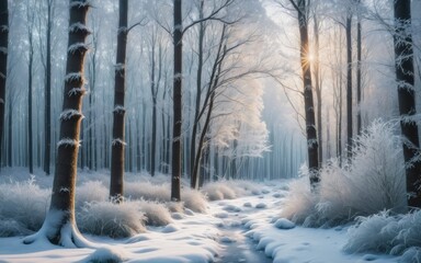 Frosty winter forest glitters with icy snowflakes and frozen branches