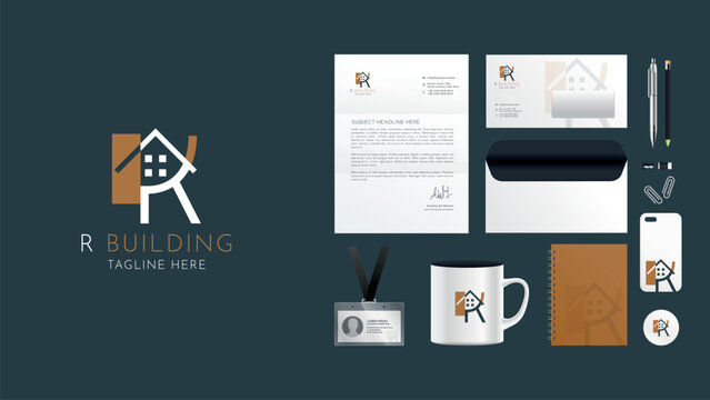 R word concept -  Real Estate company line concept Logo templates Corporate Identity Print Template Set of Business Card, Id Card, Letterhead, Invoice, Envelope template.