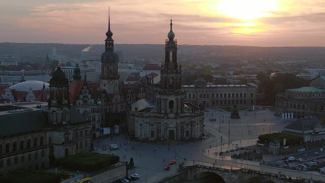 Gorgeous aerial top view flight drone Sunset town Dresden Cathedral Bridge River