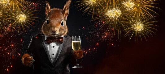 Happy new Year, Sylvester New Year's eve party, funny animals banner greeting card - Red squirrel with suit, bow tie and champagne glass, fireworks pyrotechnics in the background at night - obrazy, fototapety, plakaty